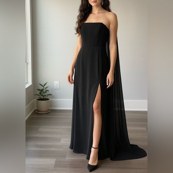 Halston Black Strapless Evening‎ Gown with Cape - Picture 2 of 6